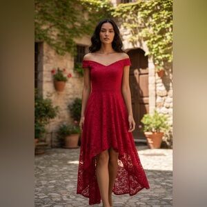 HR Homrain Red Lace Elegant Dress High Low Off the Shoulder MIDI Romantic S